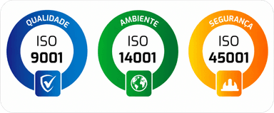 Certificações ISO 9001 (qualidade), ISO 14001 (ambiente) e ISO 45001 (segurança)